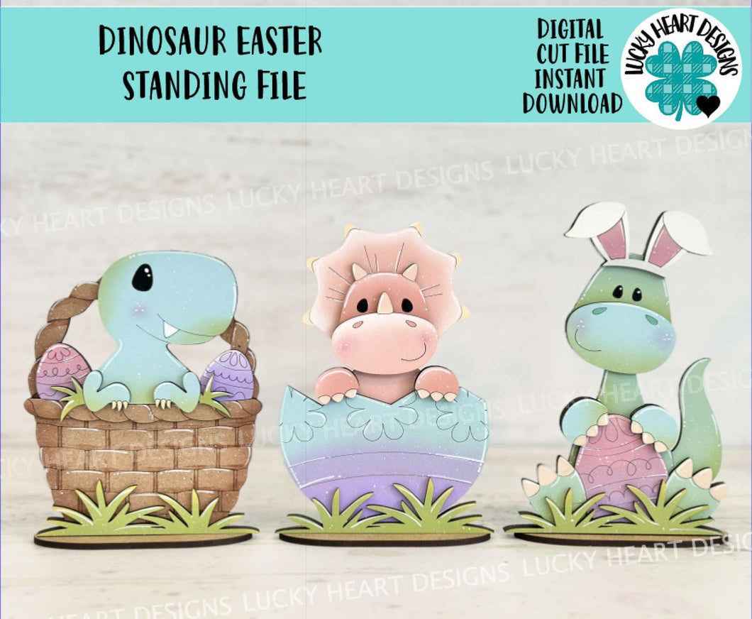 Dinosaur Easter Standing File SVG, Glowforge, Egg, Triceratops, T-rex, Dino Bunny, LuckyHeartDesignsCo