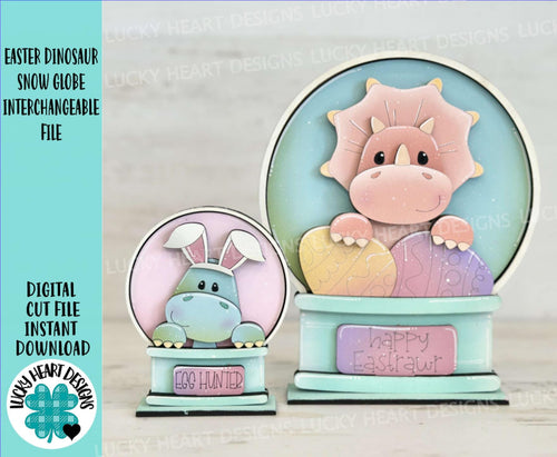 Easter Dinosaur Snow Globe Interchangeable File SVG, TINY Glowforge, Spring, Triceratops, T-rex, Bunny, Eggs Tiered Tray LuckyHeartDesignsCo