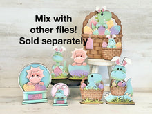 Load image into Gallery viewer, Easter Dinosaur Holding Basket Standing File SVG, Glowforge, Egg, Triceratops, T-rex, Dino Bunny, LuckyHeartDesignsCo
