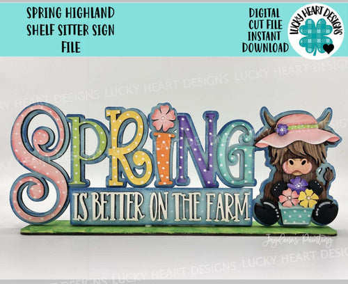 Spring Highland Shelf Sitter Sign File SVG, Glowforge, Flower, Standing, Daisy, Cow, Farm, Tiered Tray LuckyHeartDesignsCo