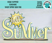 Load image into Gallery viewer, Hello Summer Sunshine Shelf Sitter Sign File SVG, Summer, Tiered Tray Glowforge, LuckyHeartDesignsCo
