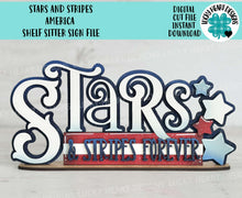Load image into Gallery viewer, Stars and Stripes America Shelf Sitter Sign File SVG, Fourth of July, July Fourth, Tiered Tray Glowforge, LuckyHeartDesignsCo
