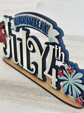 Load image into Gallery viewer, July Fourth America Shelf Sitter Sign File SVG, Fireworks, Flag, Tiered Tray Glowforge, LuckyHeartDesignsCo
