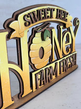 Load image into Gallery viewer, Honey Shelf Sitter Sign File SVG, BumbleBee, Beehive, Farm Fresh, Summer, tiered tray Glowforge, LuckyHeartDesignsCo
