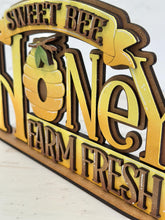 Load image into Gallery viewer, Honey Shelf Sitter Sign File SVG, BumbleBee, Beehive, Farm Fresh, Summer, tiered tray Glowforge, LuckyHeartDesignsCo

