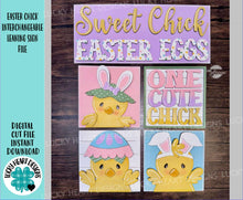 Load image into Gallery viewer, Easter Chick Interchangeable Leaning Sign File SVG, Glowforge Tiered Tray, Egg, Spring, LuckyHeartDesignsCo
