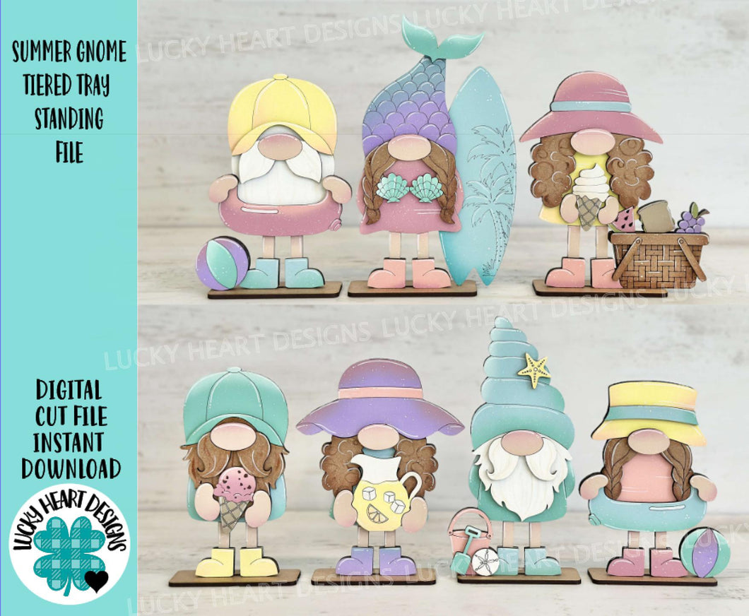Summer Gnome Tiered Tray Standing File SVG, Glowforge Tiered Tray, Ice Cream, Pool, Beach, Lemonade, Surf, Swim, LuckyHeartDesignsCo