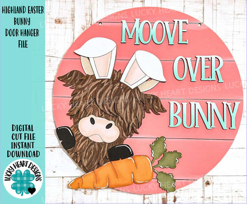 Highland Easter Bunny Door Hanger File SVG, Glowforge, Farm, COW, CARROT, Sign, Egg, LuckyHeartDesignsCo