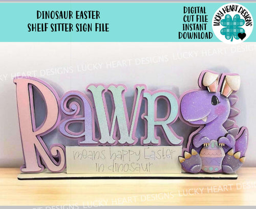 Dinosaur Easter Shelf Sitter Sign File SVG, Glowforge, Tiered Tray, Egg, Carrot, T-Rex Bunny, Egg Hunt, LuckyHeartDesignsCo