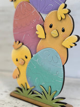 Load image into Gallery viewer, Chicks Easter Peeking Standing File SVG, Glowforge, Bird, Spring, Bunny, Egg Hunt, LuckyHeartDesignsCo

