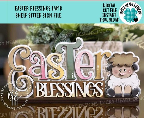 Easter Blessings Lamb Shelf Sitter Sign File SVG, Glowforge, Standing, Basket, Bunny, Tiered Tray LuckyHeartDesignsCo
