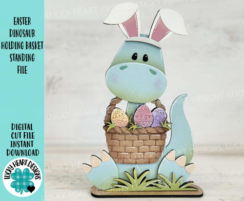 Easter Dinosaur Holding Basket Standing File SVG, Glowforge, Egg, Triceratops, T-rex, Dino Bunny, LuckyHeartDesignsCo