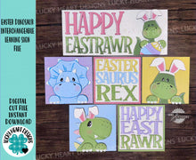 Load image into Gallery viewer, Easter Dinosaur Interchangeable Leaning Sign File SVG, Glowforge Tiered Tray, T-rex, Triceratops, Bunny, Egg, Spring, LuckyHeartDesignsCo
