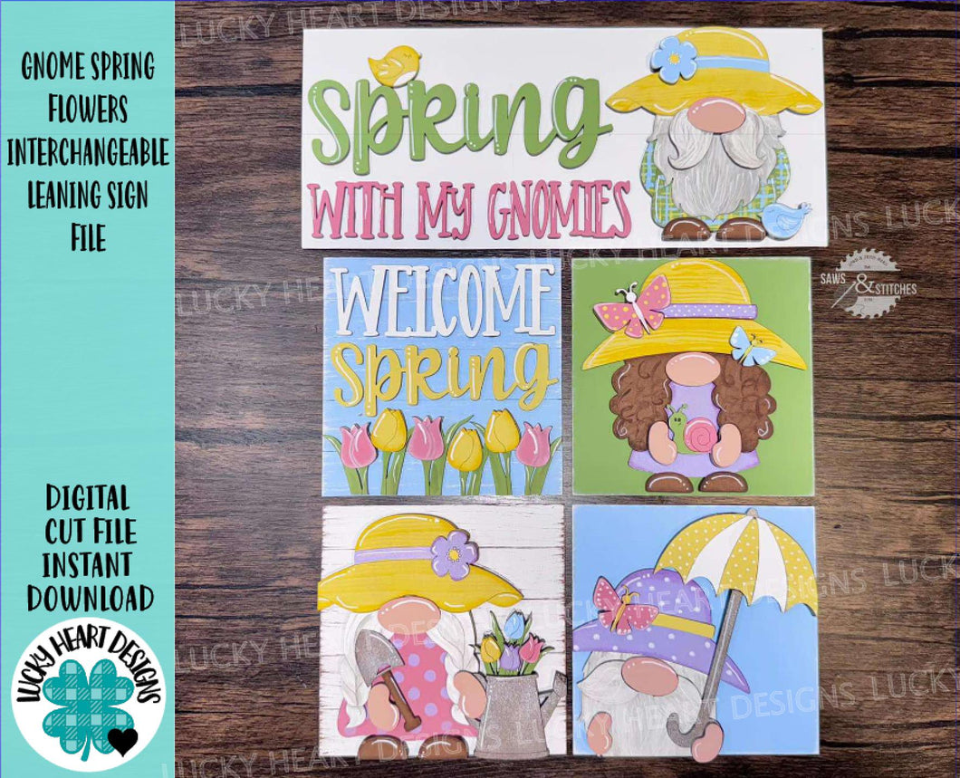 Gnome Spring Flowers Interchangeable Leaning Sign File SVG, Umbrella, Tulips, Butterfly, Tiered Tray Glowforge, LuckyHeartDesignsCo