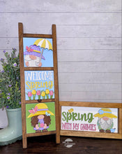Load image into Gallery viewer, Gnome Spring Flowers Interchangeable Leaning Sign File SVG, Umbrella, Tulips, Butterfly, Tiered Tray Glowforge, LuckyHeartDesignsCo
