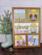 Load image into Gallery viewer, Gnome Spring Flowers Interchangeable Leaning Sign File SVG, Umbrella, Tulips, Butterfly, Tiered Tray Glowforge, LuckyHeartDesignsCo
