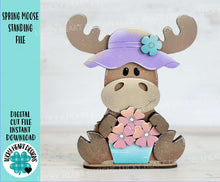 Load image into Gallery viewer, Spring Moose Standing File SVG, Glowforge, Umbrella, Flowers Farm, Tiered Tray LuckyHeartDesignsCo

