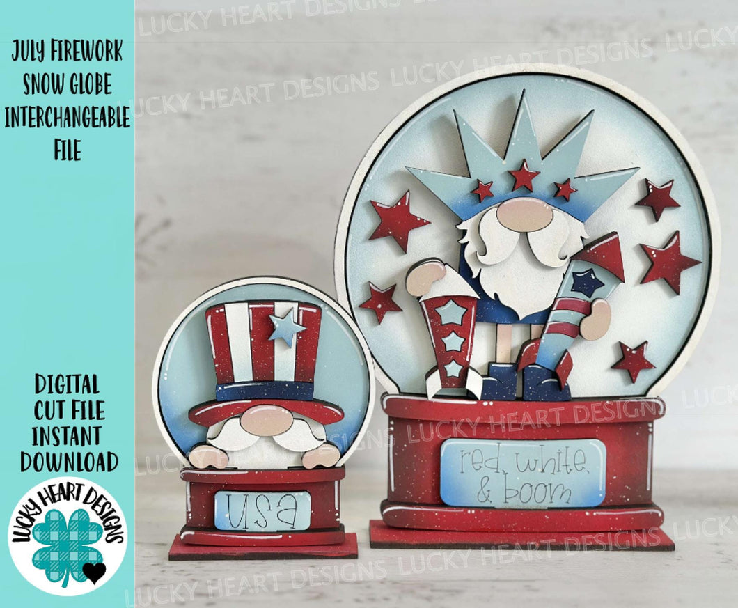 July Firework Gnome Snow Globe Interchangeable File SVG, TINY Fourth, Glowforge, Summer, America, USA, Tiered Tray LuckyHeartDesignsCo