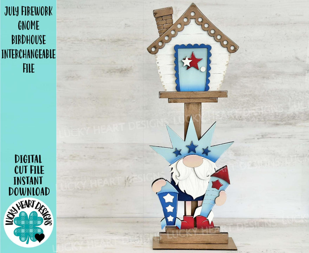 July Firework Gnome for the Birdhouse Interchangeable File SVG, Glowforge, USA, Holiday Shapes, America, Fourth of July, LuckyHeartDesignsCo