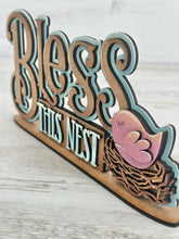 Load image into Gallery viewer, Bless This Nest Shelf Sitter Sign File SVG, Tiered Tray Spring, Bird, Floral, Flowers, Glowforge, LuckyHeartDesignsCo
