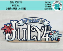 Load image into Gallery viewer, July Fourth America Shelf Sitter Sign File SVG, Fireworks, Flag, Tiered Tray Glowforge, LuckyHeartDesignsCo
