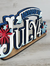 Load image into Gallery viewer, July Fourth America Shelf Sitter Sign File SVG, Fireworks, Flag, Tiered Tray Glowforge, LuckyHeartDesignsCo
