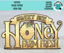 Load image into Gallery viewer, Honey Shelf Sitter Sign File SVG, BumbleBee, Beehive, Farm Fresh, Summer, tiered tray Glowforge, LuckyHeartDesignsCo
