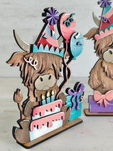 Load image into Gallery viewer, Highland Birthday Standing File SVG, TINY, Cow, Holiday, Celebrate Tiered Tray, Glowforge, LuckyHeartDesignsCo
