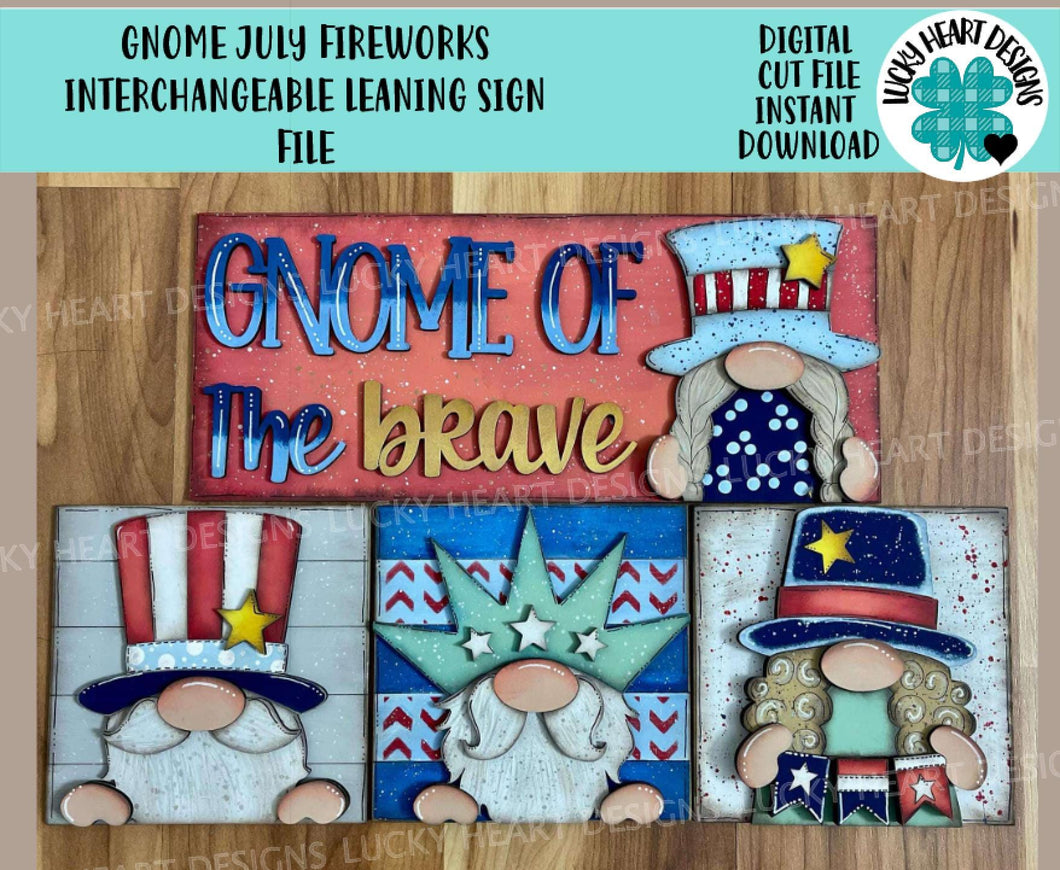 Gnome July Fireworks Interchangeable Leaning Sign File SVG, USA, America, Liberty, Uncle Sam, Tiered Tray, Glowforge, LuckyHeartDesignsCo