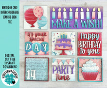 Load image into Gallery viewer, Birthday Cake Interchangeable Leaning Sign File SVG, Cupcake, Balloons, Candle, Tiered Tray Glowforge, LuckyHeartDesignsCo

