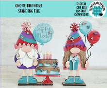 Load image into Gallery viewer, Gnome Birthday Standing File SVG, Tiered Tray, Balloons, Cake, Celebrate, Glowforge, LuckyHeartDesignsCo
