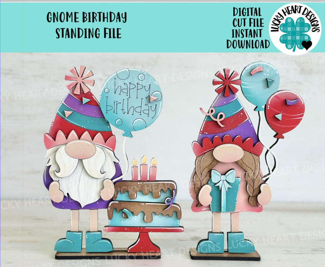 Gnome Birthday Standing File SVG, Tiered Tray, Balloons, Cake, Celebrate, Glowforge, LuckyHeartDesignsCo