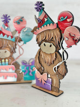 Load image into Gallery viewer, Highland Birthday Standing File SVG, TINY, Cow, Holiday, Celebrate Tiered Tray, Glowforge, LuckyHeartDesignsCo

