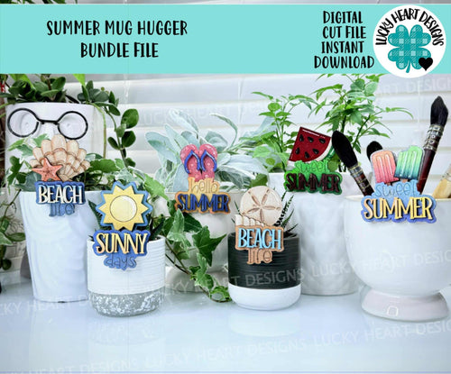 Summer Mug Hugger Bundle File SVG, Glowforge, Watermelon, Sun, Flip Flops, Popsicle, Tiered Tray, Plant Topper, Gift, LuckyHeartDesignsCo