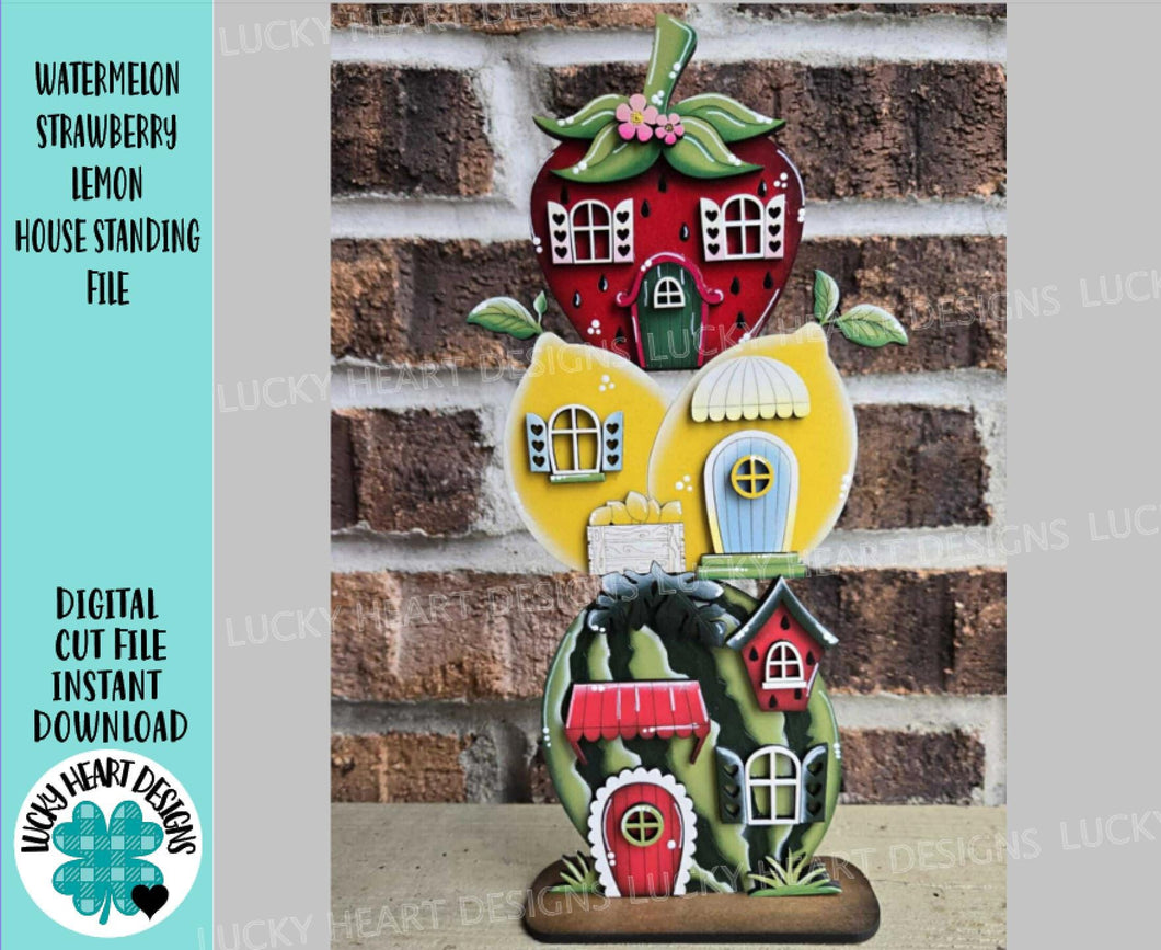 Watermelon Strawberry Lemon Stacking Standing Houses File SVG, Glowforge, Summer, Spring, Fruit, Farm, LuckyHeartDesignsCo