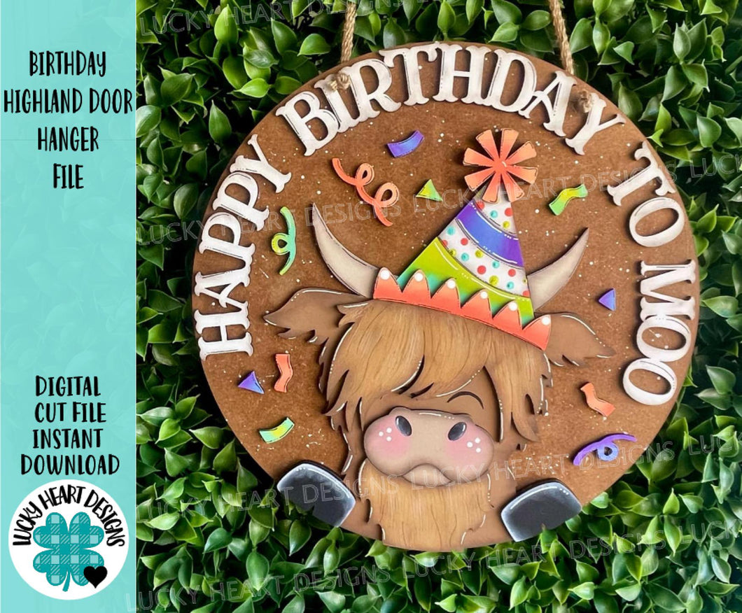 Birthday Highland Cow Door Hanger File SVG, Hat, Celebrate, Farm, Glowforge, LuckyHeartDesignsCo