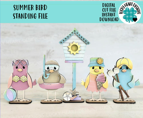Summer Bird Standing File SVG, Glowforge, Pool, Beach, Sun, S'mores, Swimming, Tweet, Tiered Tray, Birdhouse, LuckyHeartDesignsCo
