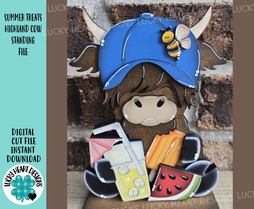 Summer Treats Highland Cow Standing File SVG, Glowforge, Bee, Watermelon, Lemonade, Popsicle, Farm, Beach, Tiered Tray LuckyHeartDesignsCo