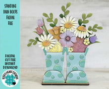 Load image into Gallery viewer, Standing Rain Boots Floral Sign File SVG, Spring Flower, Daisy, Tulip, Rose, Summer, Glowforge, LuckyHeartDesignsCo
