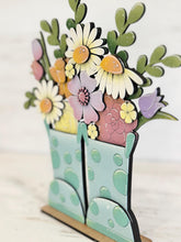 Load image into Gallery viewer, Standing Rain Boots Floral Sign File SVG, Spring Flower, Daisy, Tulip, Rose, Summer, Glowforge, LuckyHeartDesignsCo
