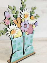 Load image into Gallery viewer, Standing Rain Boots Floral Sign File SVG, Spring Flower, Daisy, Tulip, Rose, Summer, Glowforge, LuckyHeartDesignsCo
