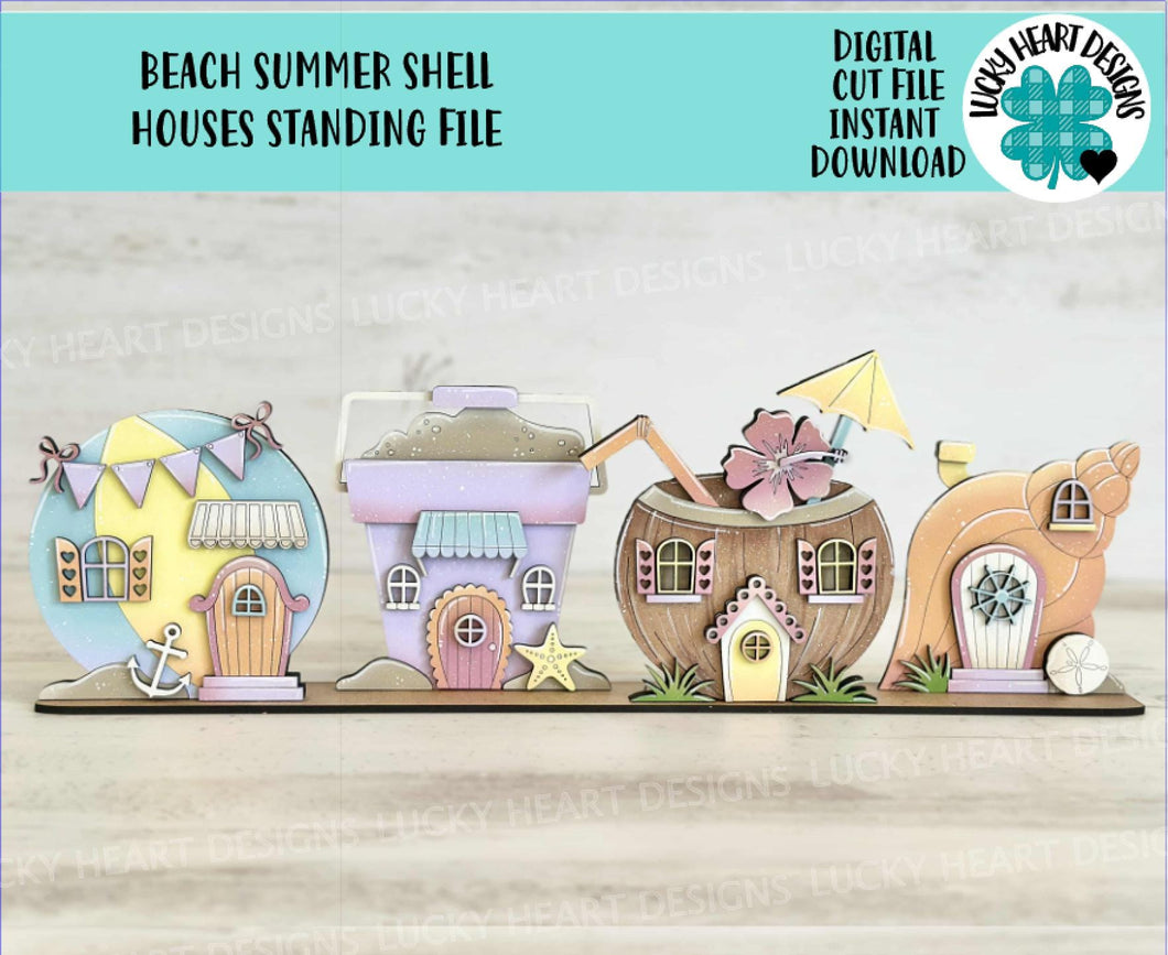 Beach Summer Shell Standing Houses File SVG, Glowforge, Tropical Drink, Coconut, Hawaiian, Beach Ball, Sand Bucket, LuckyHeartDesignsCo