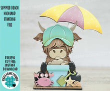 Load image into Gallery viewer, Summer Beach Highland Standing File SVG, Glowforge, Swim, Umbrella, Crab, Shells Sand, Cow, Farm, Beach, Tiered Tray LuckyHeartDesignsCo
