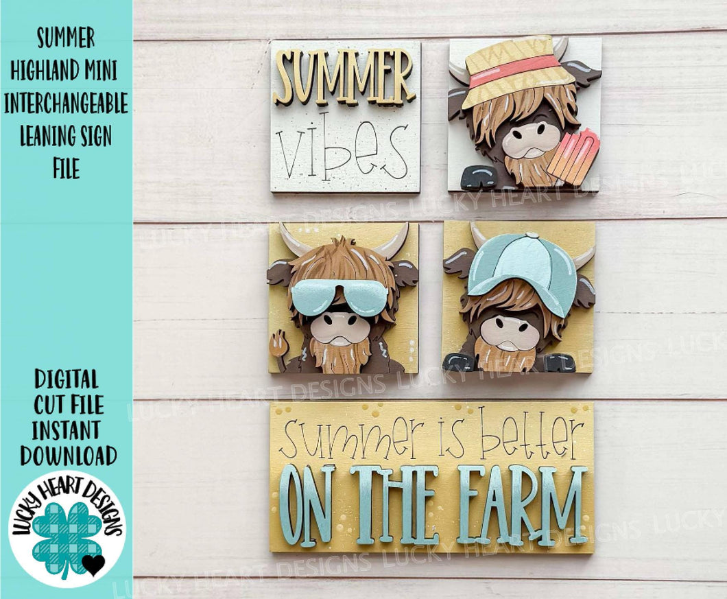 Summer Highland MINI Interchangeable Leaning Sign File SVG, Cow, Farm, Beach, Pool, Sunglasses, Tiered Tray Glowforge, LuckyHeartDesignsCo