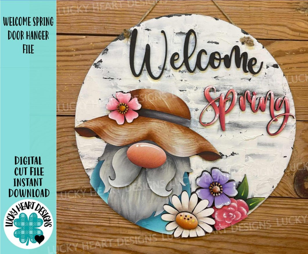 Welcome Spring Gnome Door Hanger Sign File SVG, Glowforge, Flower, Floral, Lucky Heart Designs