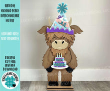 Load image into Gallery viewer, Birthday Highland Porch Interchangeable Hats File SVG, (hat only) Seasonal, Cow, Holiday Farm, Cake, Glowforge, LuckyHeartDesignsCo

