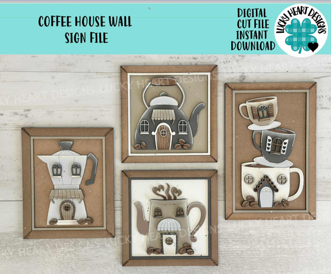 Coffee House Wall Sign Set File SVG, Glowforge, Bundle Coffee Mug, Pot, Cups, Door Hanger, LuckyHeartDesignsCo