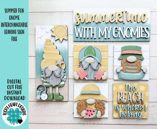 Summer Fun Gnome Interchangeable Leaning Sign File SVG, Glowforge, Beach, Pool, Shells, Watermelon, Popsicle, Sun, LuckyHeartDesignsCo