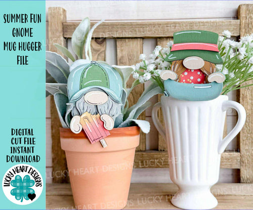 Summer Fun Gnome Mug Hugger File SVG, Glowforge Pool, Beach, Swim, Popsicle, Tiered, Tray Decor, Plant Topper, Gift, LuckyHeartDesignsCo