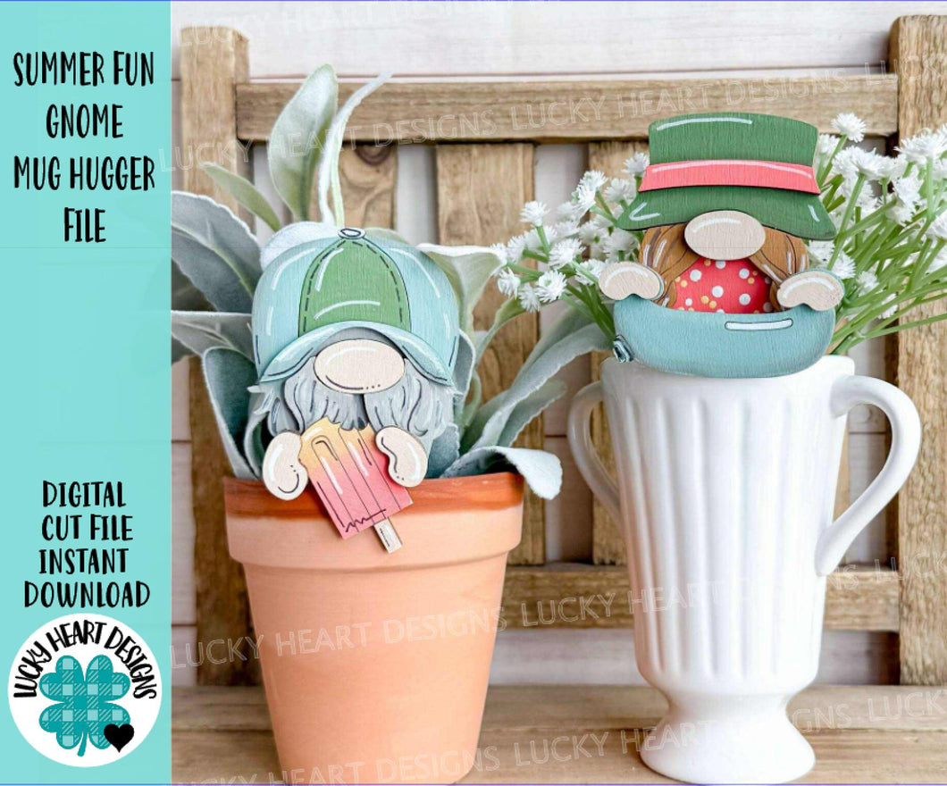 Summer Fun Gnome Mug Hugger File SVG, Glowforge Pool, Beach, Swim, Popsicle, Tiered, Tray Decor, Plant Topper, Gift, LuckyHeartDesignsCo